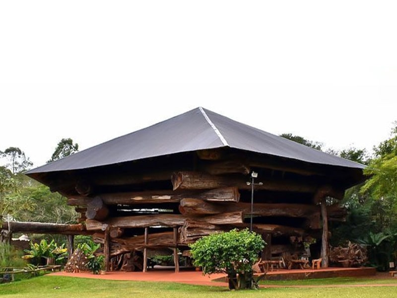 A foto mostra uma cabana feita com toras de madeiras bem grandes. Atrás está uma área verde bem vasta.