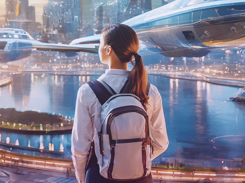 A foto mostra uma menina com uma mochila olhando para um mundo super desenvolvido em tecnologias.
