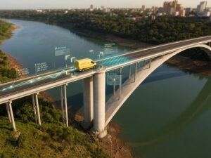 Carro dos Correios atravessando a Ponte da Amizade entre Brasil e Paraguai.